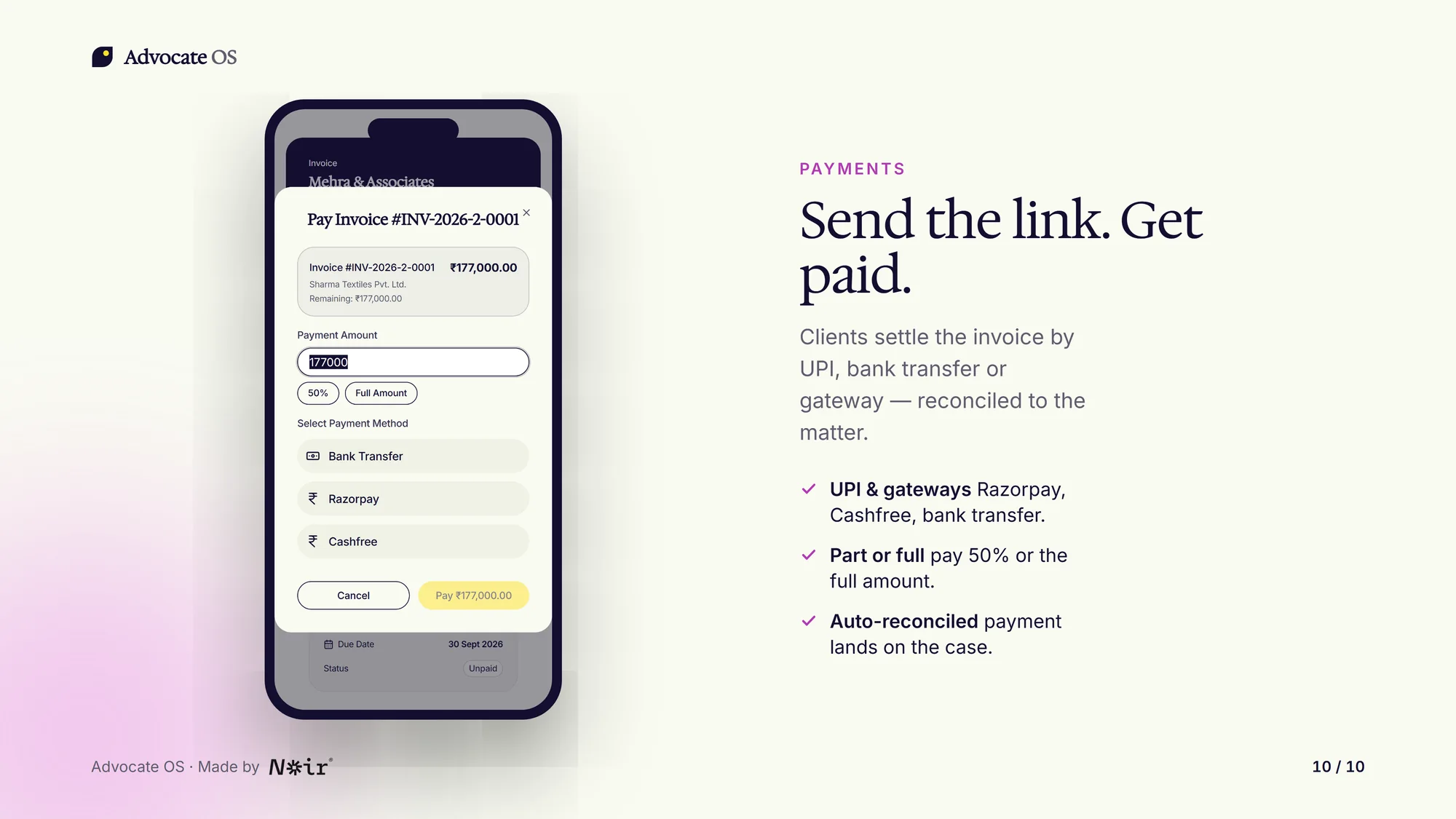 Advocate OS payments screen, with demo data