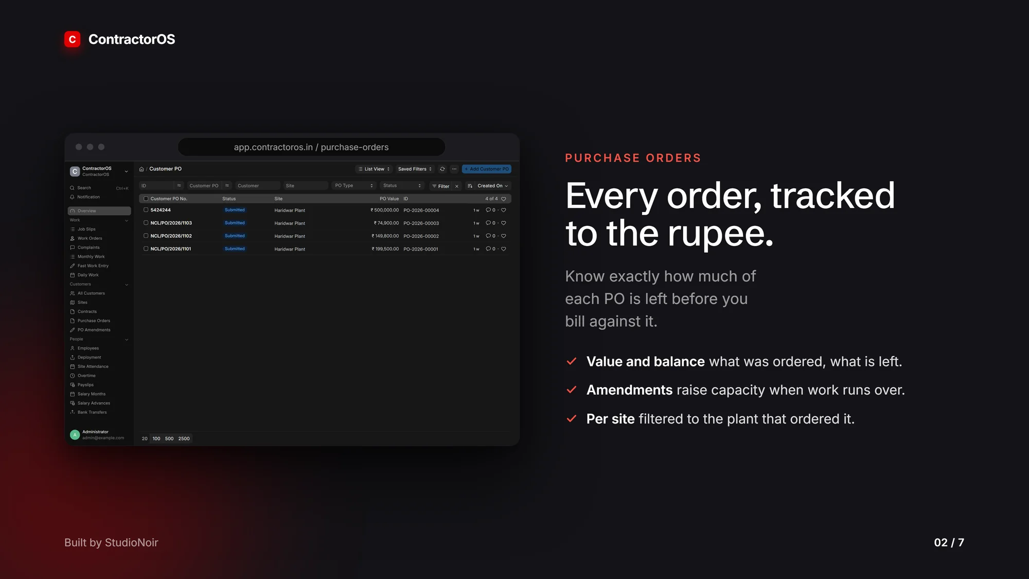 ContractorOS purchase orders screen, with demo data