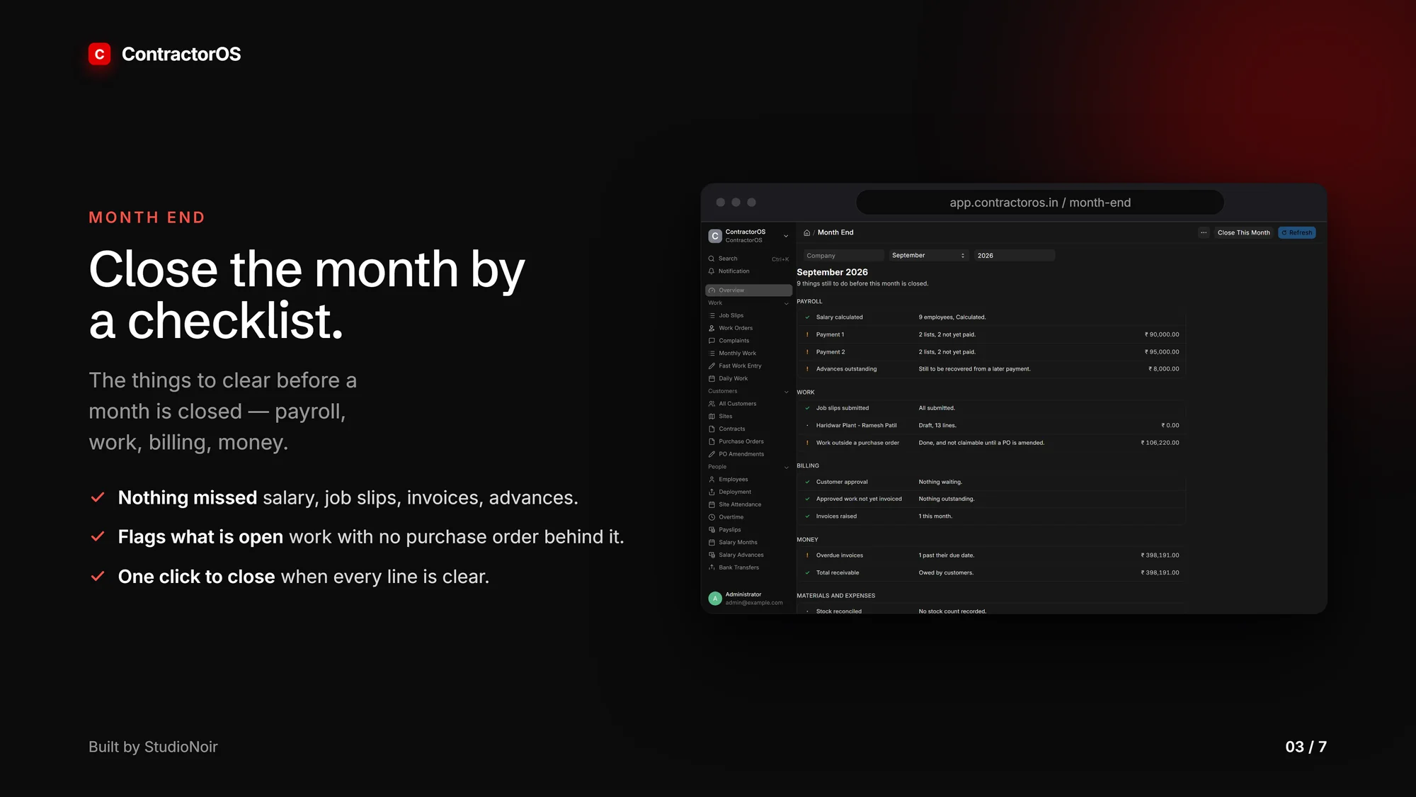 ContractorOS month-end closing checklist, with demo data