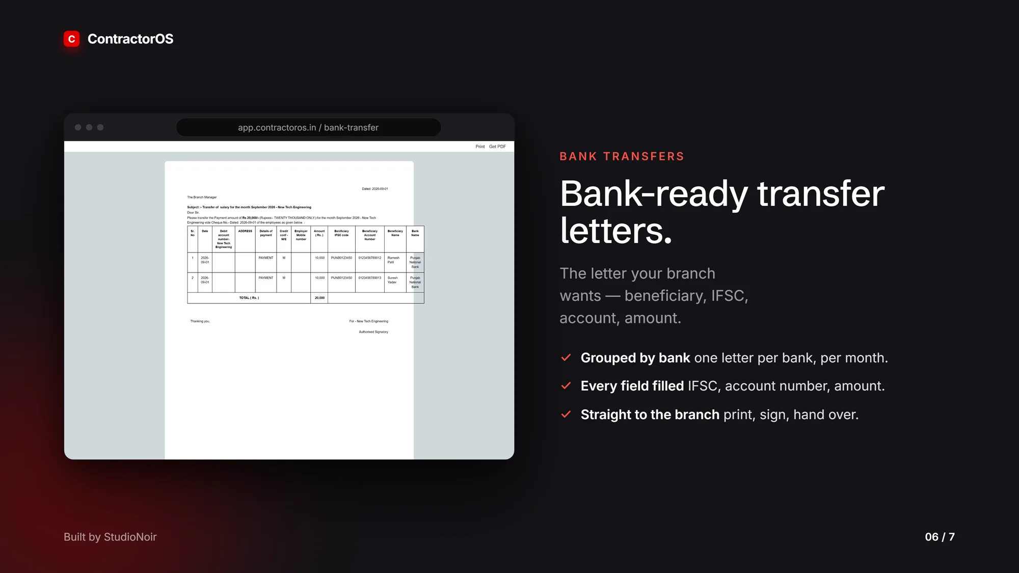 ContractorOS bank transfer letter, with demo data