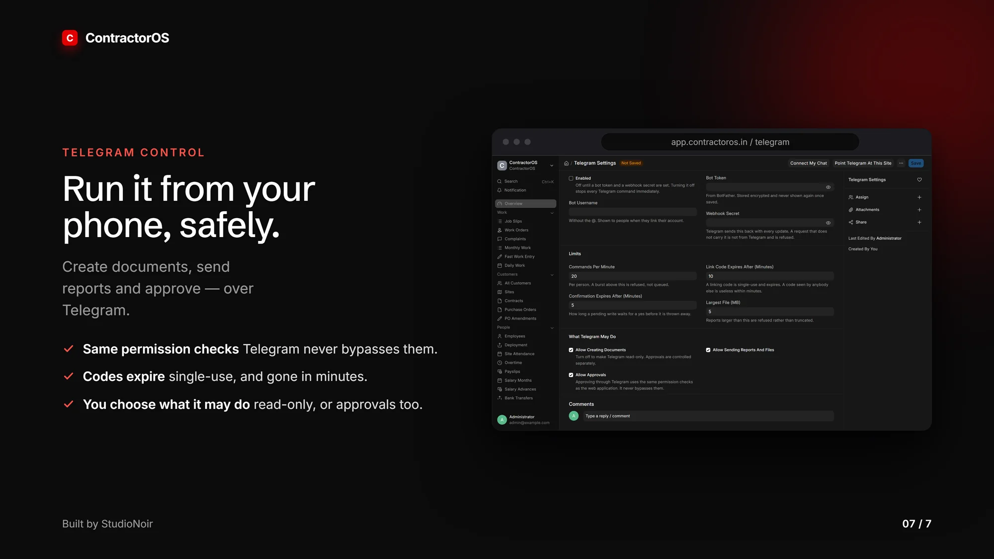 ContractorOS Telegram control, with demo data