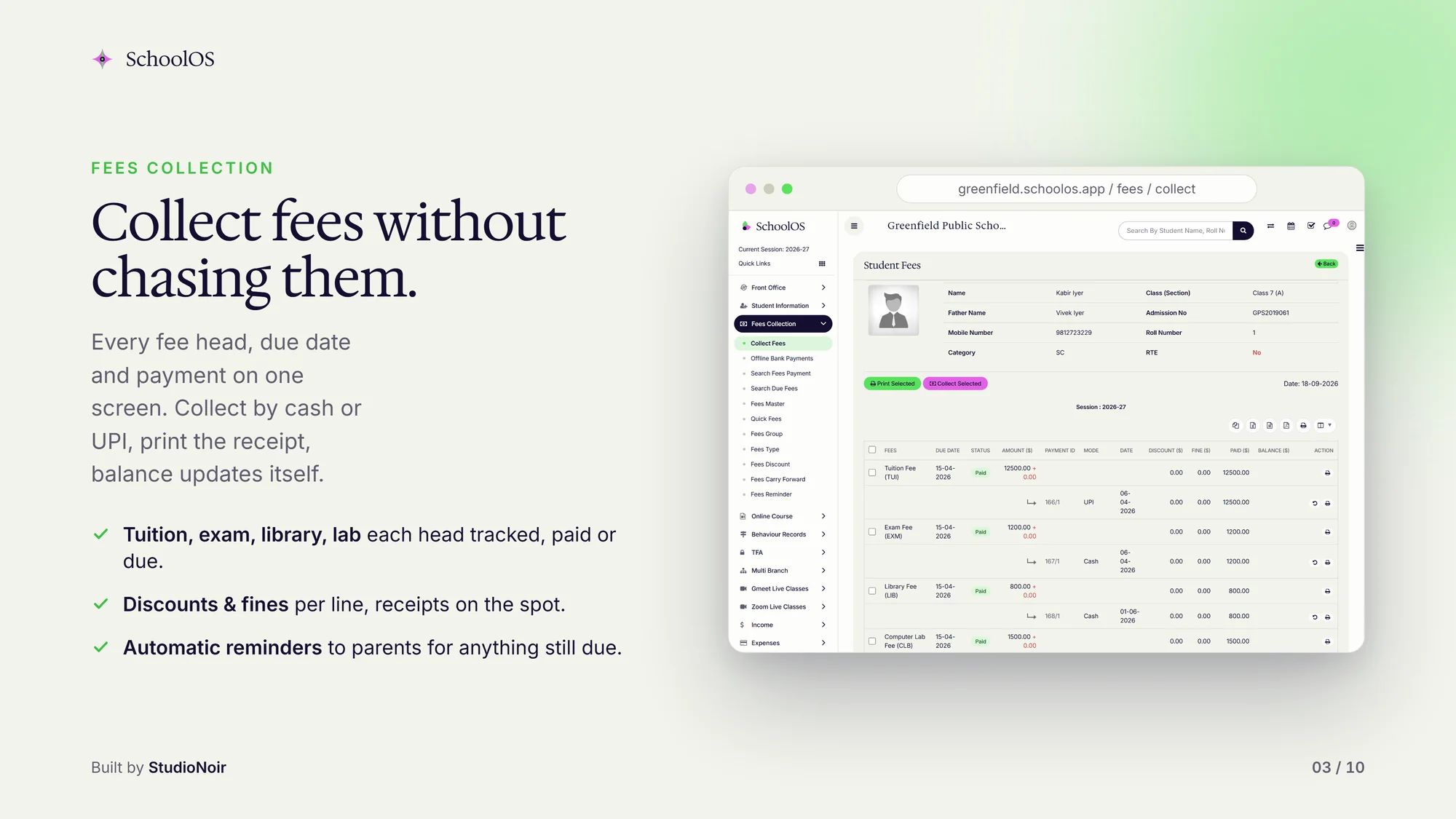 SchoolOS fees collection screen, with demo data