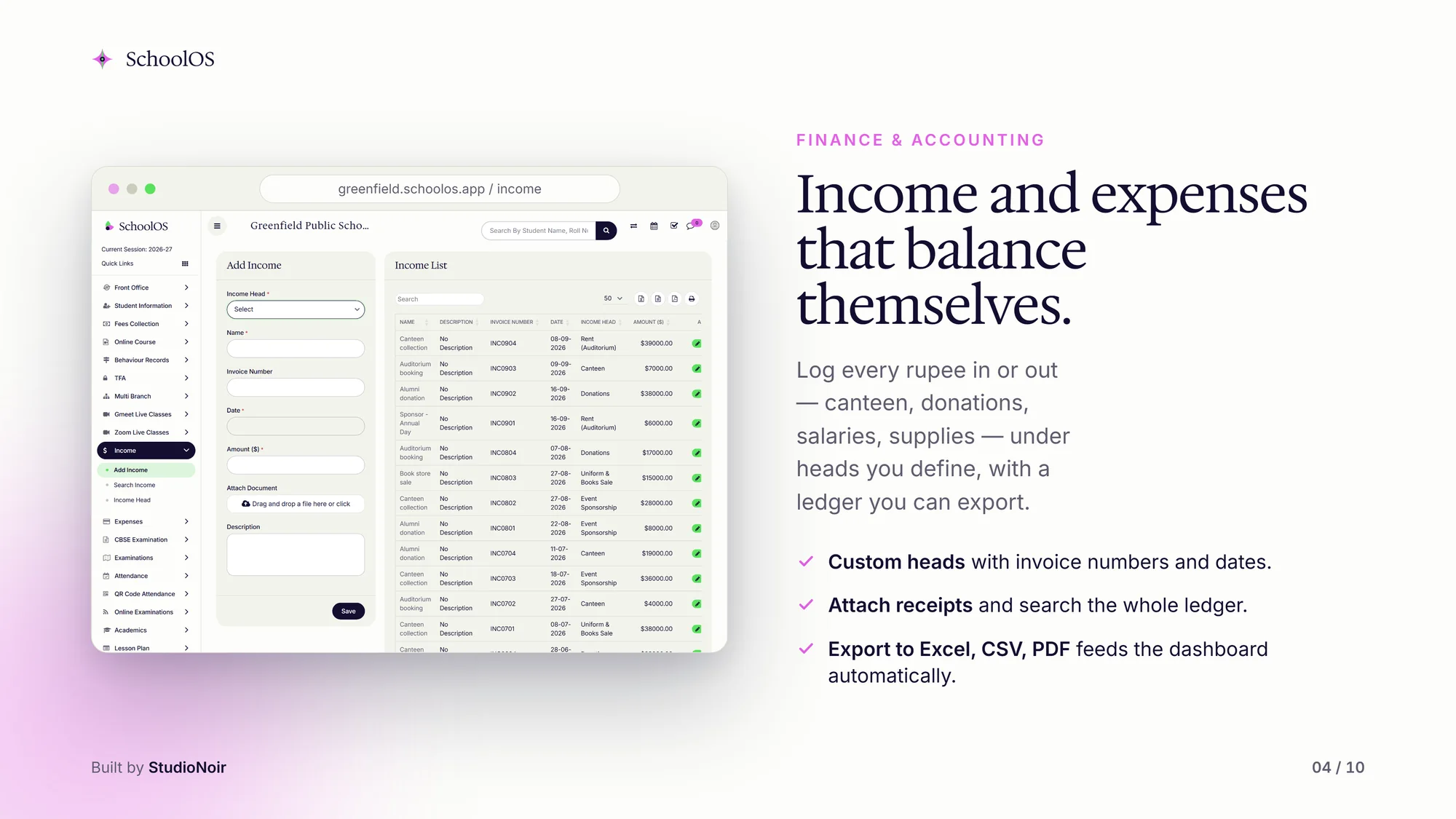 SchoolOS income and expense ledger, with demo data
