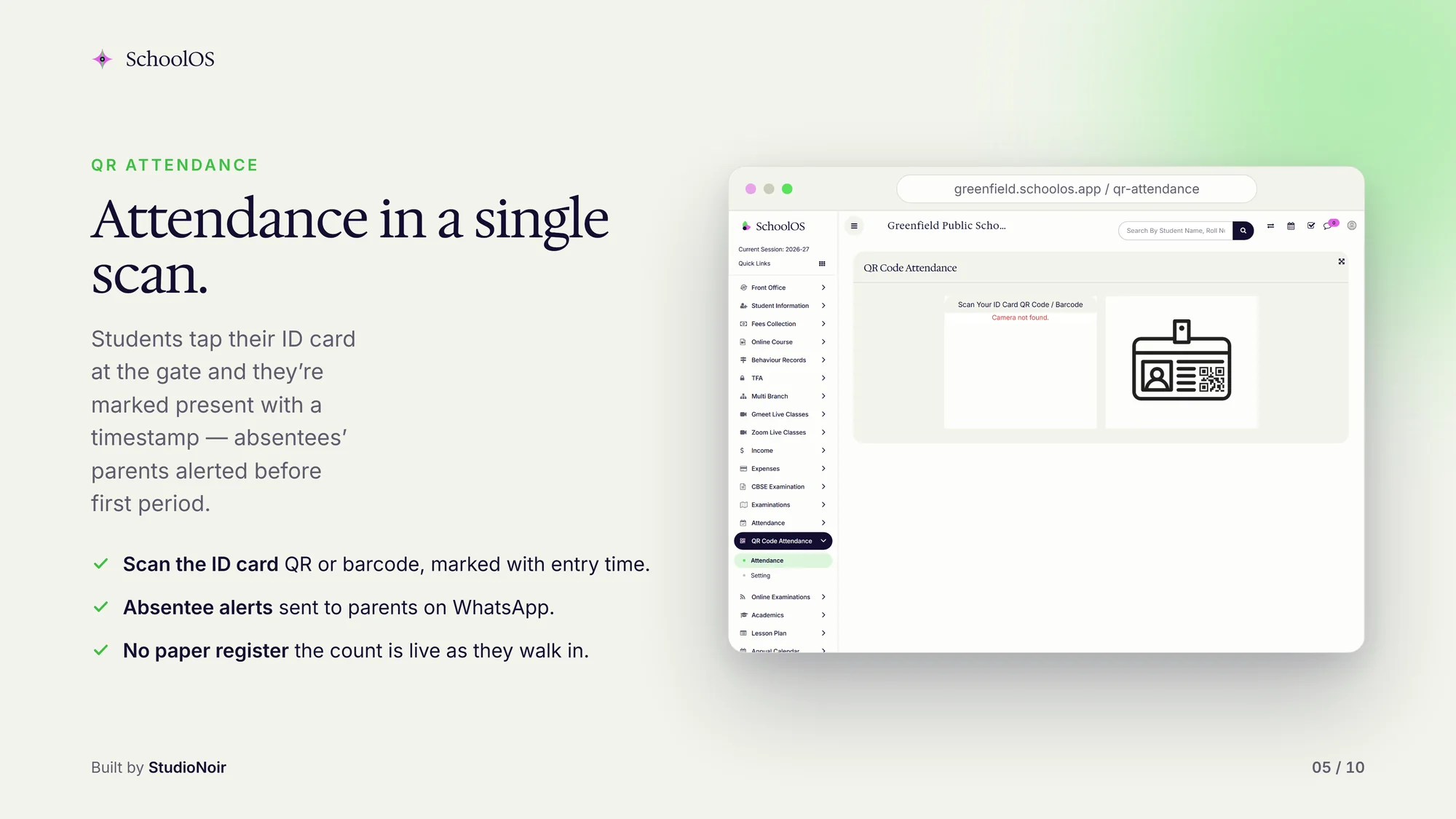 SchoolOS QR code attendance, with demo data