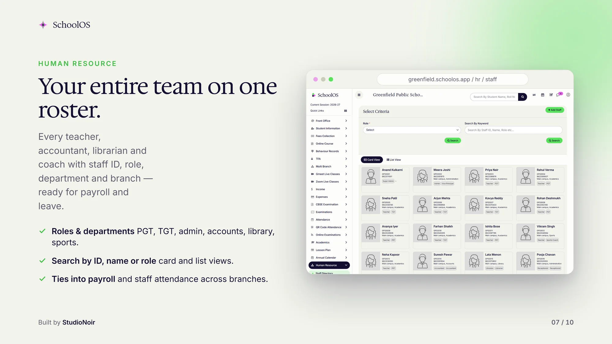 SchoolOS human resources and payroll, with demo data