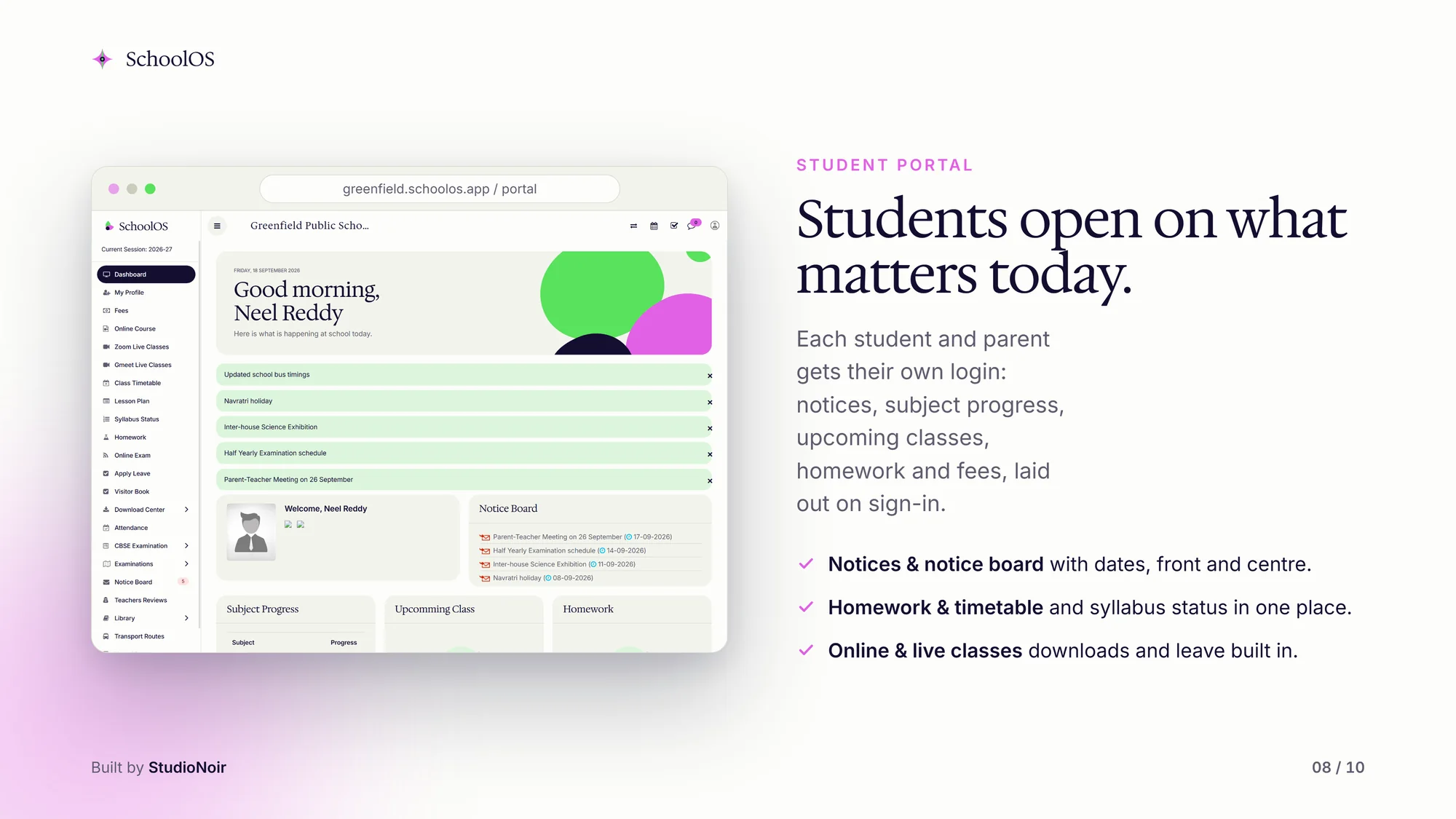 SchoolOS student portal, with demo data